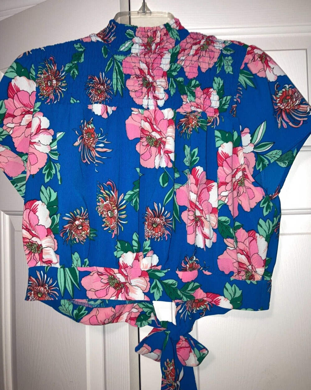 Junior’s Love J Blue Pink Floral High Neck Short Blouse Crop Top Size XL